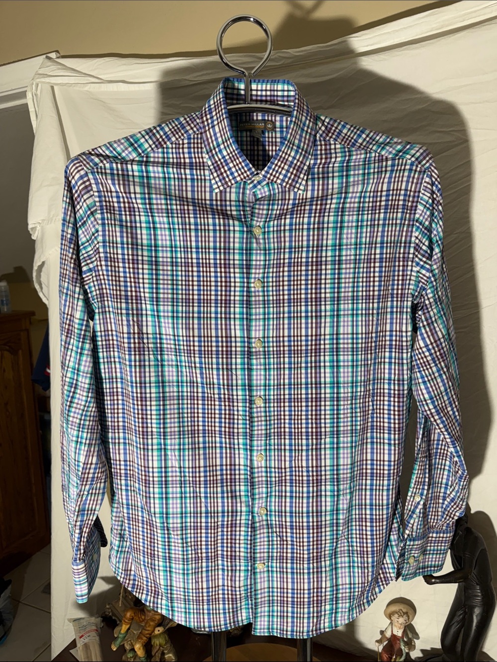 Peter Millar Blue, Teal & White Plaid Button-Down Shirt